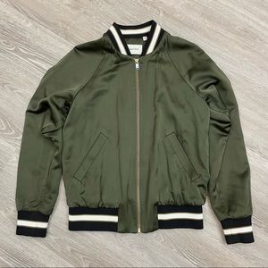 Babaton Olive Green Satin Bomber Jacket with Black & Cream Trim